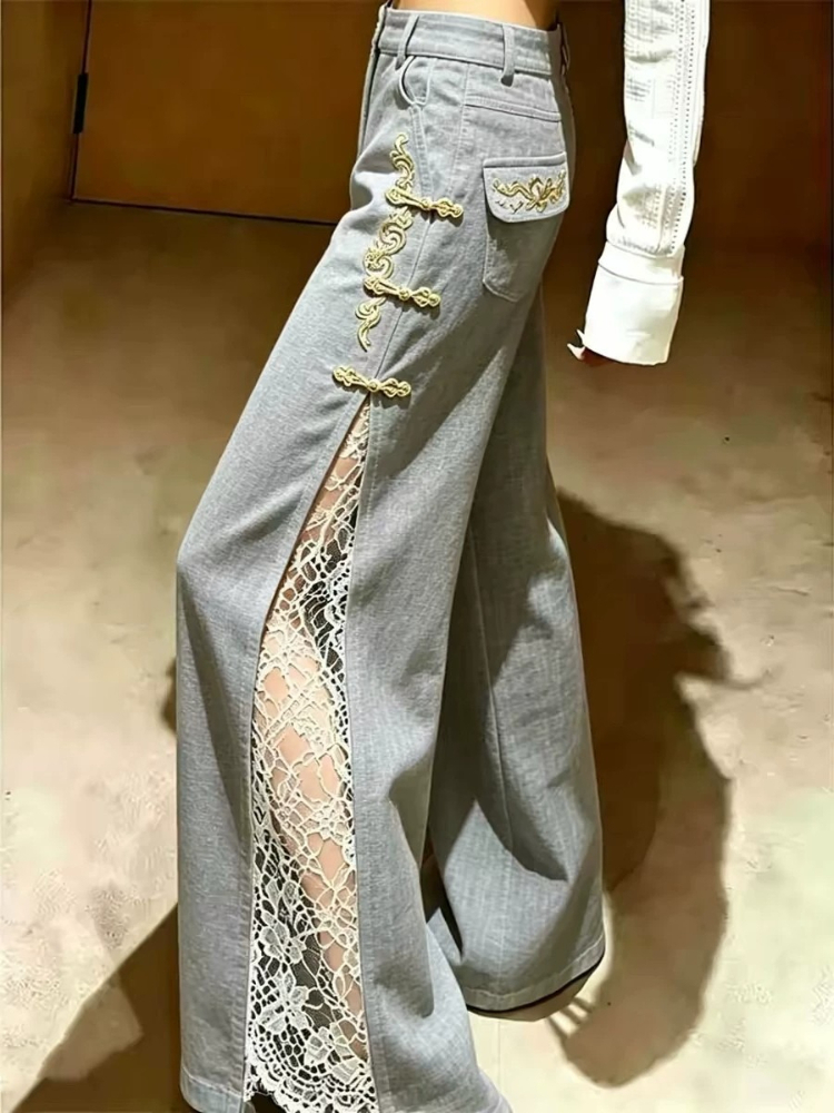 Tailored Trouser Wide - Tailored Trousers Gray Elegant High Waist
