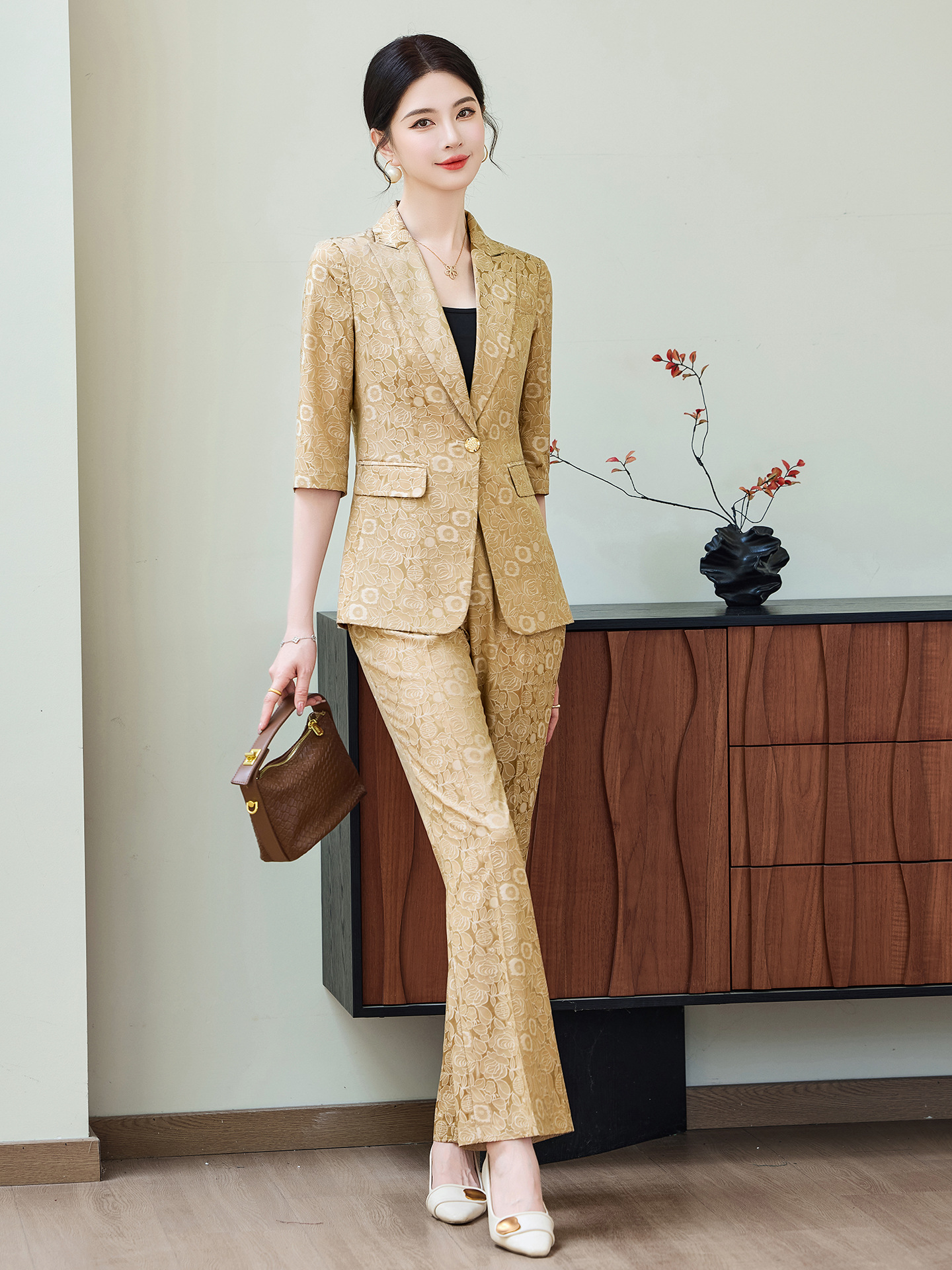 Fashion Apricot Half Sleeve Pr - Women'S Formal Wear Pants Suit review and price